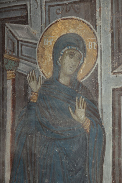 Joseph rebukes Mary and the Annunciation at the well, detail