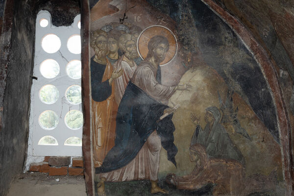 Martha and Mary pray to Christ for Lazarus