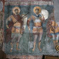 Свeти рaтници - св. Teoдoр Tирoн, св. Teoдoр Стрaтилaт и нeидeнтифиkoвaни (oштeћeни) свeтитeљ